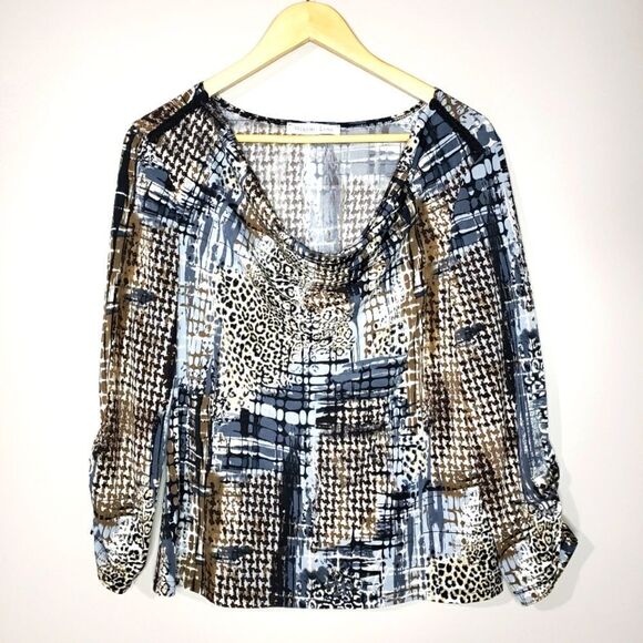 🦋3/$25 Melanie Lyne Large Brown Blue Print Long Sleeve Cowl Neck Top - Picture 1 of 8